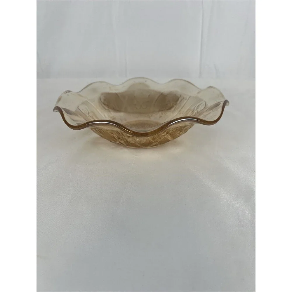 Vintage Amber Carnival Glass Ruffled Dish Bowl Floral Pattern Scalloped Edge